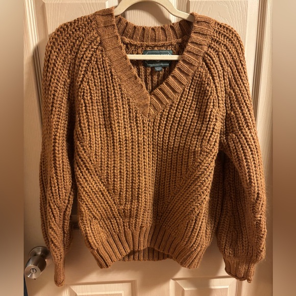American Eagle Chunky Knit Oversized V-Neck Pullover Sweater Brown X-Small - Picture 1 of 4